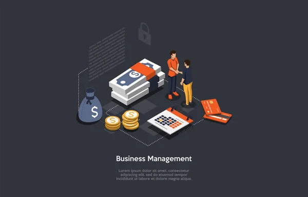 Kompozycja wektorowa. Kreskówka 3D Style Design Z Infografiki. Konceptualna ilustracja izometryczna. Zarządzanie finansami przedsiębiorstw. Skuteczny ekonomicznie układ, umowa o pracę. Biznesmeni uścisk dłoni. — Wektor stockowy