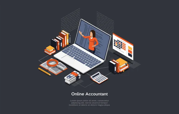 Vector Illustration On Online Money Accountant Service Concept. Isometric Composition, Cartoon 3D Style With Text, Characters And Objects. Financial Management Support. Customer Internet Help Process. — Vector de stock