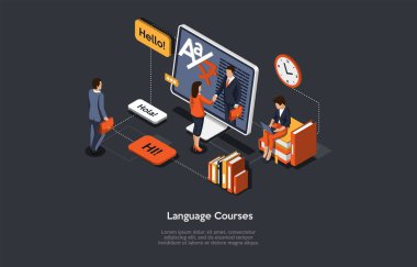 Yazarlık ve Karakterlerle Isometric Illustration. Dil Kursları, Çevrimiçi Eğitim Sistemi, Uzaktan Çalışma ve Sınav Geçiş Konsepti 'nde 3 boyutlu karikatür kompozisyonu. İnsanlar Öğrenir, Bilgisayar.