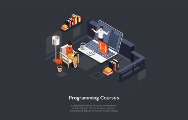 Programlama Kursları Çevrimiçi Eğitim, Kişisel Eğitim, İnternet Teknolojisi Çalışması Konsepti. Vektör Çizgi Film Biçimi Çizimi. Metinli, karakterli, bilgili 3D Isometric bileşimi. Meslek Öğrenme.