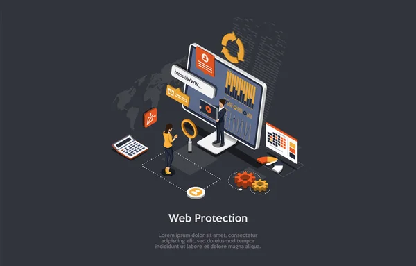 Illustration vectorielle, Cartoon 3D Style. Composition isométrique sur fond sombre. Protection du site Web, Service de sécurité Internet, Confidentialité des données, Danger de vol Conception conceptuelle. Écran d'ordinateur, personnages. — Image vectorielle