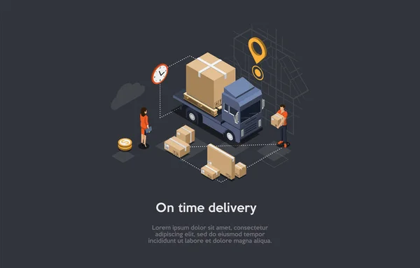 Isometric Illustration With Writing And Characters (dalam bahasa Inggris). Vector Composition In Cartoon 3D Style On Time Delivery, Internet Order Arrival, Goods Transportation Service Concept (dalam bahasa Inggris). Truk Dengan Parsel, Pekerja - Stok Vektor