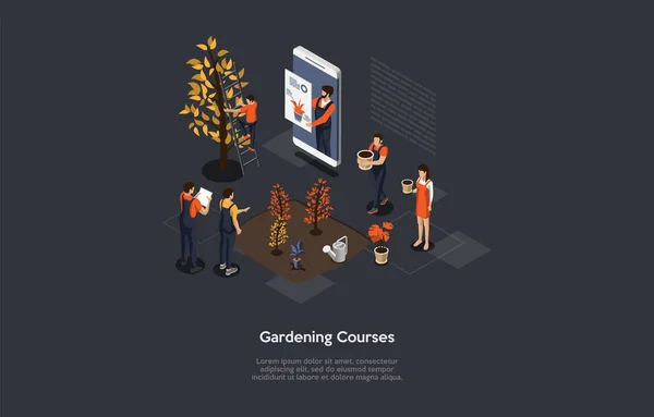 Cours de jardinage à distance, formation sur Internet ou vidéo hobby, concept d'éducation en ligne de l'équipe. Illustration vectorielle de style dessin animé. Composition isométrique 3D avec texte, caractères, infographie. — Image vectorielle