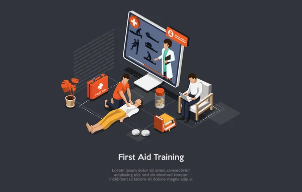 Illustration On Dark Background. Vector Composition, Cartoon 3D Style, Isometric Objects And Characters. Design On First Aid Remote Video Course, Professional Medical Help Online Training Concept. — Stock Vector