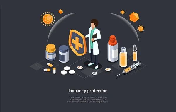 Immuniteitsbescherming Conceptuele illustratie. Isometrische vectorcompositie met personages en objecten, cartoon 3D-stijl. Medische werknemer in witte badjas, veel medicijnen in potten en ampullen liggen rond. — Stockvector