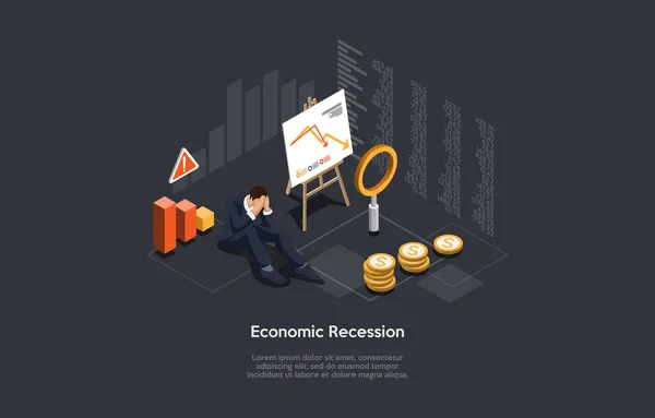 Vector Composition On Economic Recession, Financial Problems, Business Bankrupcy Concept. Ilustración isométrica, Cartoon 3D Style. Triste hombre de negocios sentado, papel con cartas y gráficos, Monedas cerca. — Archivo Imágenes Vectoriales