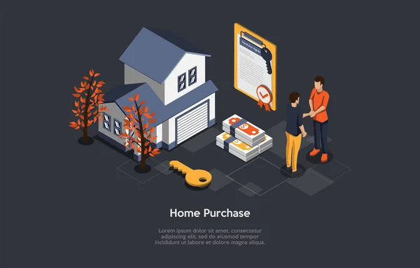 ( 영어 ) Vector Illustration, Home Purchase Concept. 이것은 카툰 스타일 의 3D 구도입니다. 부동산 판매 서비스, 주택 사업, 에이전트 그리고 고객 세 킹 핸드. 보험 보험 보험 계약, 아파트 — 스톡 벡터
