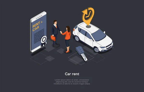 Vector Illustration, Car Rent Concept. Isometrische 3D-Komposition, Cartoon-Stil. Fahrzeug-Livery-Service, Geschäftsstrategie, Daily Pay. Charaktere beim Händeschütteln. Smartphone mit Informationen auf dem Bildschirm — Stockvektor