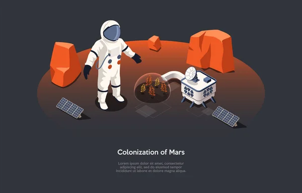 Εικονογράφηση διάνυσμα σε καρτούν 3D στυλ. Ισομετρική σύνθεση στην ιδέα αποικισμού του Άρη. Σκούρο φόντο, χαρακτήρας, κείμενο. Κοσμικές φουτουριστικές ιδέες, τεχνολογικές καινοτομίες και διαστημικές αποστολές. — Διανυσματικό Αρχείο