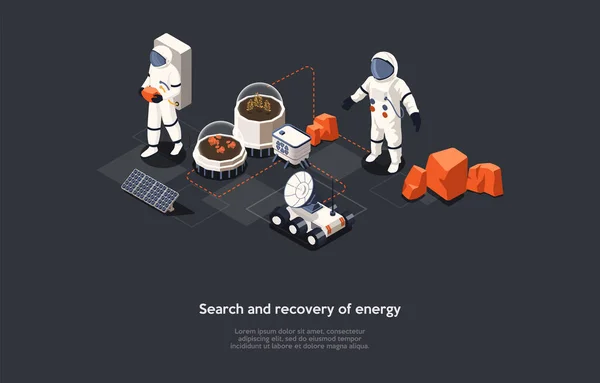 Vector Illustration In Cartoon 3D Style. Isometric Composition On Energy Search And Recovery Concept. Dark Background, Characters. Alternative Power Supply Ideas, Futuristic Cosmic Science Study — Stockvektor