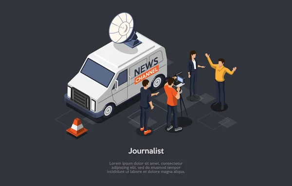 Vektorillustration im Cartoon-3D-Stil. Isometrische Zusammensetzung des Journalistenberufs, Konzept der Interviewausstrahlung. dunkler Hintergrund, Schriftzeichen, Text. Nachrichtenkanal, Leute, Kameramann. — Stockvektor