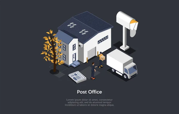 Post Office Building, Mailing And Product Transportation Service Concept. House, Lorry, Worker With Cardboard Box And Customer Standing. Vector Illustration. Cartoon 3D Style. Isometric Composition. — Stok Vektör