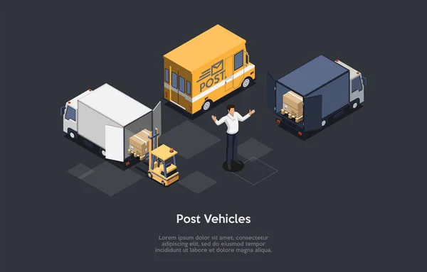 Post Vehicles, Mailing, Fast Envelope And Package Delivery Concept. Postman Or Businessperson Standing. Cardboard Boxes. Vector Illustration. Cartoon 3D Style. Isometric Composition, Infographics. — Stok Vektör