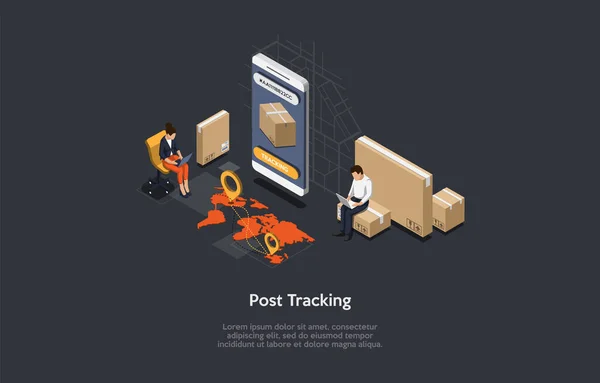 Post Envelopes And Goods Tracking Process Concept. Modern GPS Map, Online Application Or Internet Website. Delivery Service Technology. Vector Illustration. Cartoon 3D Style. Isometric Composition. — Stock Vector