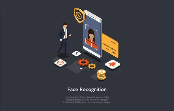 2018 년 4 월 1 일에 확인 함 . Face Recognition Technology Concept Illustration on Dark Background. 카툰 스타일 3D 구성. 이것은 벡터 디자인이다. 개인 정보 보호. 스마트 폰 접근 혁신. 인상적 인 사람 과 그 사람. — 스톡 벡터