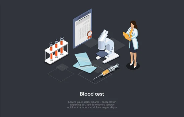 Medical Blood Test Concept Illustration On Dark Background (en inglés). Composición 3D de estilo de dibujos animados. Diseño isométrico de vectores. Proceso de tratamiento hospitalario. Médico femenino, Documentos, Microscopio, Tubos y Jeringa. — Vector de stock
