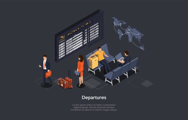 Vektör bileşimi. Isometric Design, karikatür 3D tarzı. Ayrılış Listesi Konsepti. Havaalanı İçerideki Konum. Bagajı olan bir grup insan bekliyor, Infographic. Dünya Haritası, Uçak Uçuş Lobisi İçi