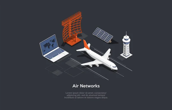 Air Networks konceptdesign. Tecknad 3D-stil, Isometrisk vektor illustration med text. Flygplanselement på mörk bakgrund. Flygplan, Bärbar dator med världskarta på skärmen, Solbatteri, Infographics — Stock vektor