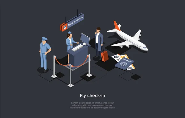 Composición vectorial. Diseño isométrico, estilo 3D de dibujos animados. Fly Check-In. Aeropuerto Dentro de elementos y personajes. Trabajadores de la tripulación, Cliente con equipaje, Documentos personales, Avión, Zona de control de pasaportes — Archivo Imágenes Vectoriales