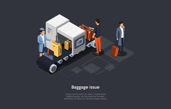 ベクトル構成。アイソメトリックデザイン,漫画3Dスタイル.手荷物問題。問題で荷物スーツケース、禁止アイテムでバッグ。3人。空港管理作業員、チェックライン、顧客 — ストックベクタ