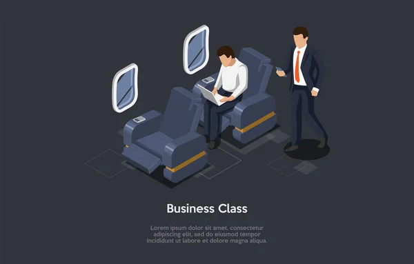 Ilustración isométrica en estilo 3D de dibujos animados. Composición vectorial sobre fondo oscuro. Concepto de viaje en avión de clase Business. Plano interior, dos personajes. Pasajeros con trajes de negocios. Sillas acogedoras — Vector de stock