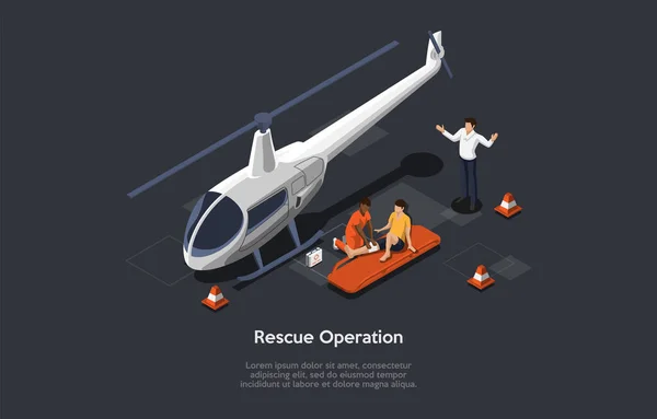 Isometric Illustration In Cartoon 3D Style (dalam bahasa Inggris). Komposisi Vektor Pada Latar Belakang Gelap. Konsep Operasi Penyelamatan. Tiga Karakter. (Karakter) Helikopter, First Aid Kit dan Infographic Objects. Staf medis, Pasien - Stok Vektor