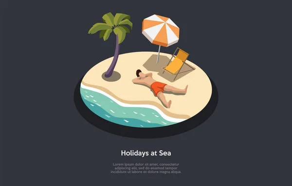 Отдых в Sea Concept Design. Изометрическая композиция, Мультфильм 3D Стиль. Векторная иллюстрация с характером. Человек, лежащий на песке, морской отдых, океанские волны. Пальма, зонтик и волосяной покров — стоковый вектор