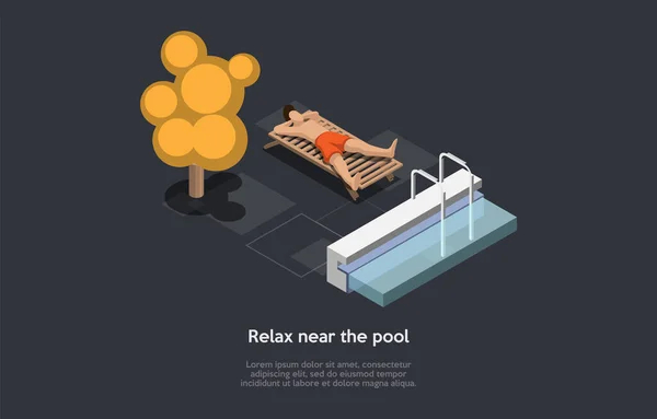 Relax u bazénu koncepce Design. Izometrická kompozice, kreslený 3D styl. Vektorová ilustrace s znakem. Muž ležící na soláriu, umyvadlo, stromy, Infographic Design Elements Around. Čas odpočinku sám — Stockový vektor