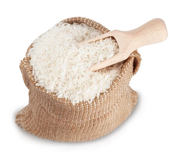 White long rice in small burlap sack with wooden scoop — Stock Photo, Image