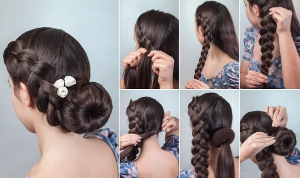 Tutorial de updo de pão trançado — Fotografia de Stock