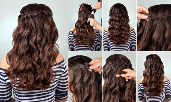 Treccia per capelli lunghi tutorial — Foto Stock