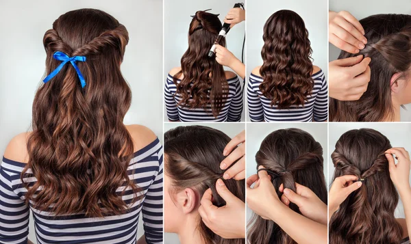 Hairstyle for long curly hair tutorial — Stock Photo, Image