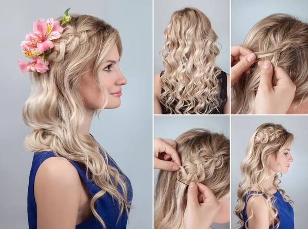 Зачіска коса зі свіжими квітами підручник — стокове фото