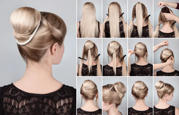 Frisyr med bun för långt hår tutorial — Stockfoto