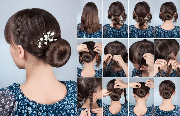 Penteado bun com tutorial de trança — Fotografia de Stock