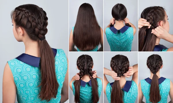 Hair tutorial. Braid hairstyle tutorial for long hair — Stock Photo, Image