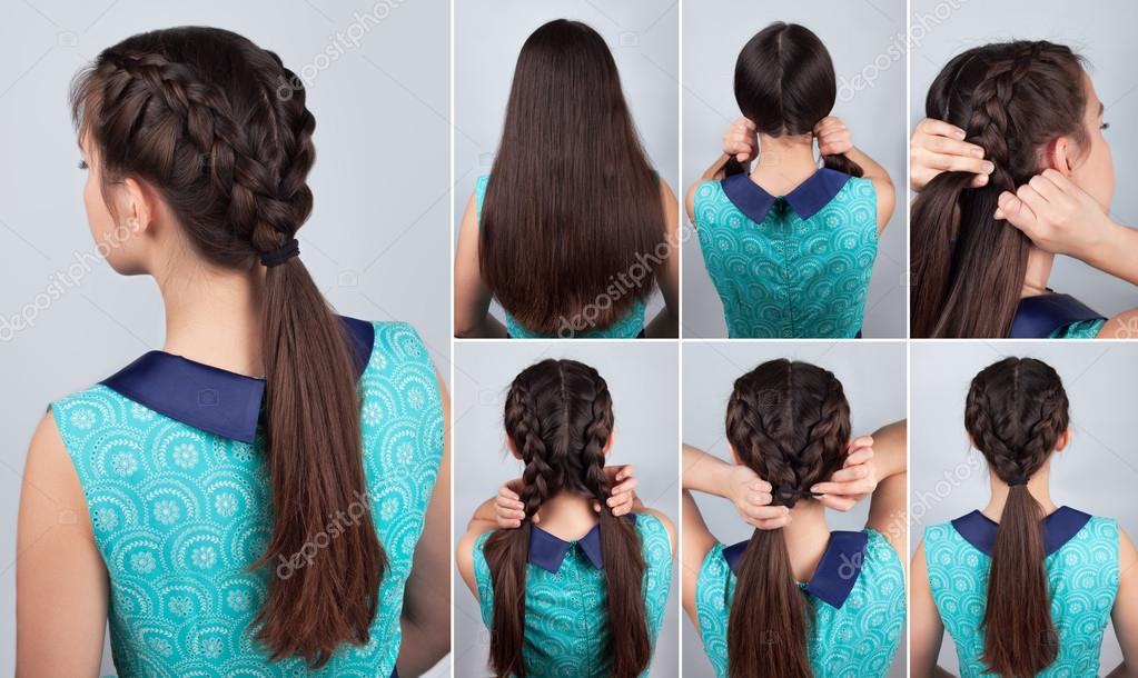 Hair tutorial. Braid hairstyle tutorial for long hair Stock Photo by  ©AlterPhoto 110047600