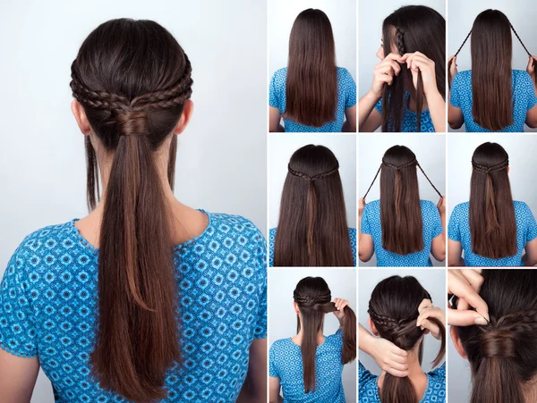 Cauda de pônei penteado fácil com tranças tutorial de cabelo — Fotografia de Stock