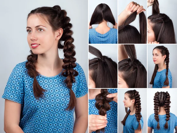 長い髪のチュートリアルの簡単髪型三つ編み — ストック写真