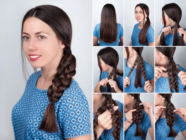 Braided hairdo for long hair tutorial — Stock Photo, Image