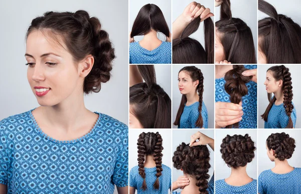 Hairstyle plaits for long hair tutorial — Stock Photo, Image