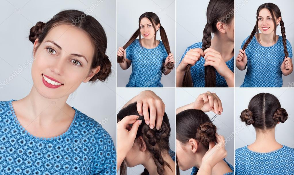 Braided bun hairdo for long hair tutorial Stock Photo by ©AlterPhoto 114061012 Braided bun hairdo for long hair tutorial Stock Photo by ©AlterPhoto 114061012