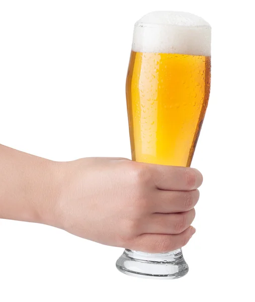 Female hand holding glass of beer isolated on white background — Stock Photo, Image