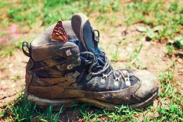 Dirty hiking boot in green meadow — Stock Photo, Image