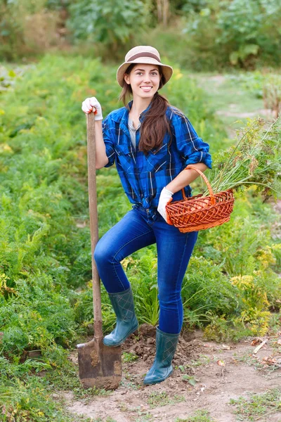 Agricultora com pá e cesto de legumes colhidos — Fotografia de Stock