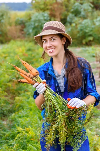 Donna con carote in un orto — Foto Stock
