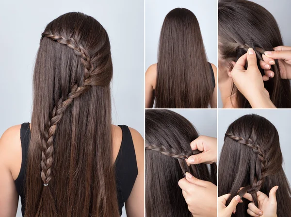 Trança penteado para o cabelo longo tutorial — Fotografia de Stock