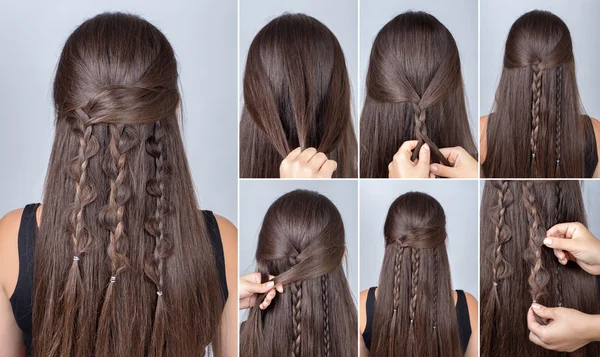 Hairstyle three boho braids tutorial — Stock Photo, Image