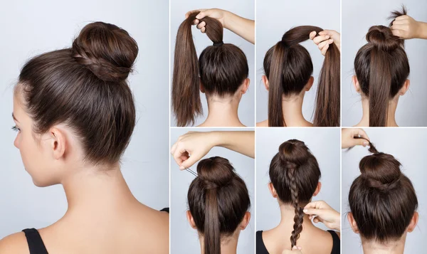 Hairstyle tutorial elegant bun with braid — Stock Photo, Image