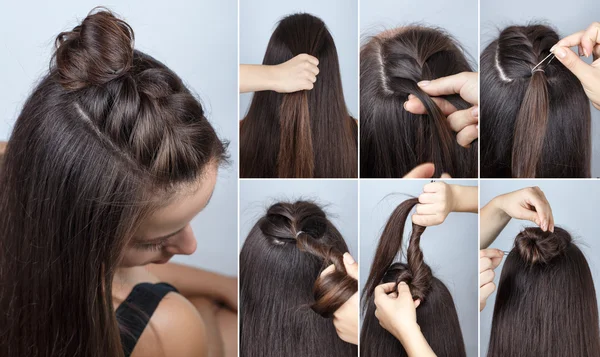 Modern hairstyle bun with plait tutorial — Stock Photo, Image